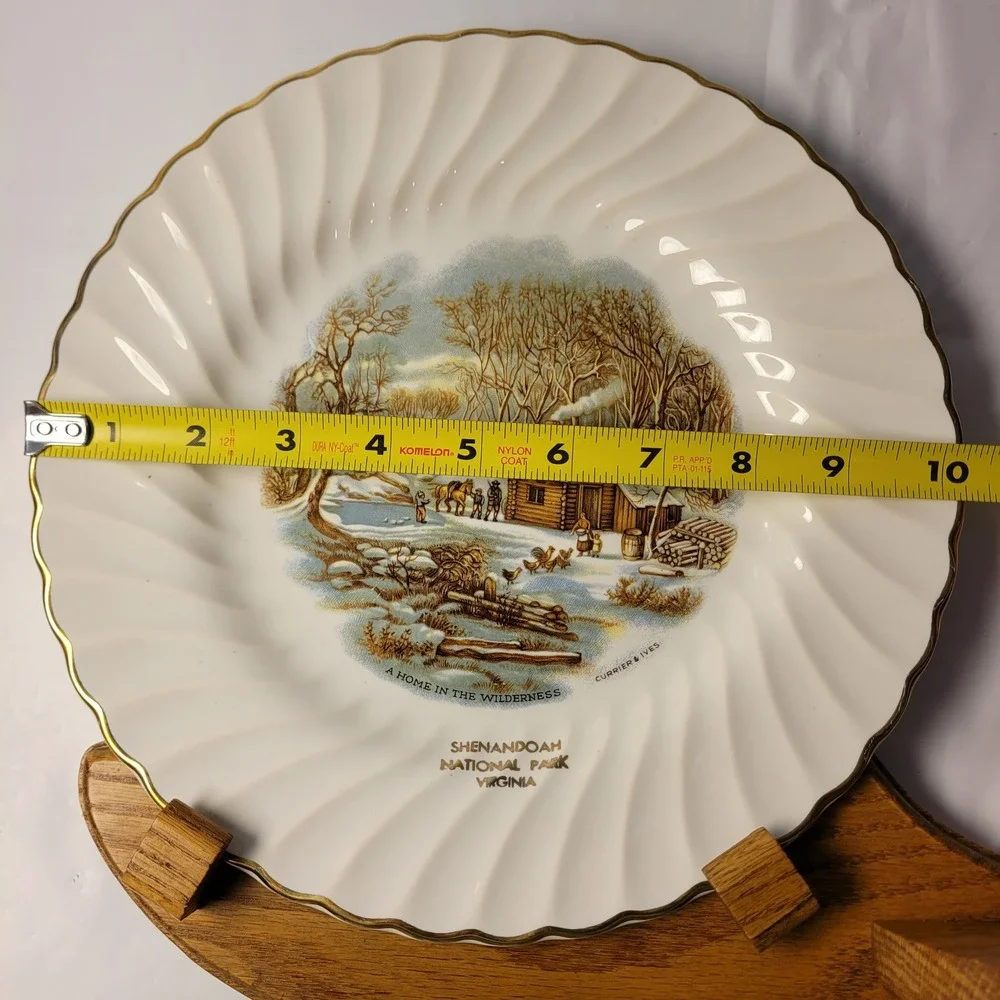 Northshore Wood Products Plate Holder Wall Shelf Oak with Currier & Ives Plate